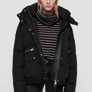 All Saints Kyle Parka Puffer Black Jacket Women’s Size Small Leather Accents